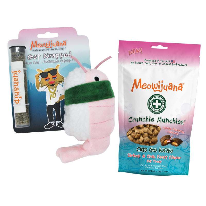 Meowijuana | Shrimply Irresistible Bundle | Get Rolled Refillable Shrimp Sushi Toy and Shrimp and Crab Feast Crunchie Munchie Cat Treats | Promotes Play and Cat Health | Made with Organic Catnip - PawsPlanet Australia