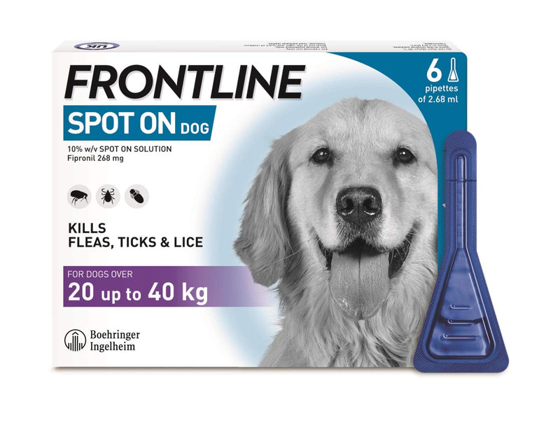 FRONTLINE Spot On Flea & Tick Treatment for Large Dogs (20-40 kg) - 6 Pipettes & Spot On Flea & Tick Treatment for Medium Dogs, Pack of 6 - PawsPlanet Australia