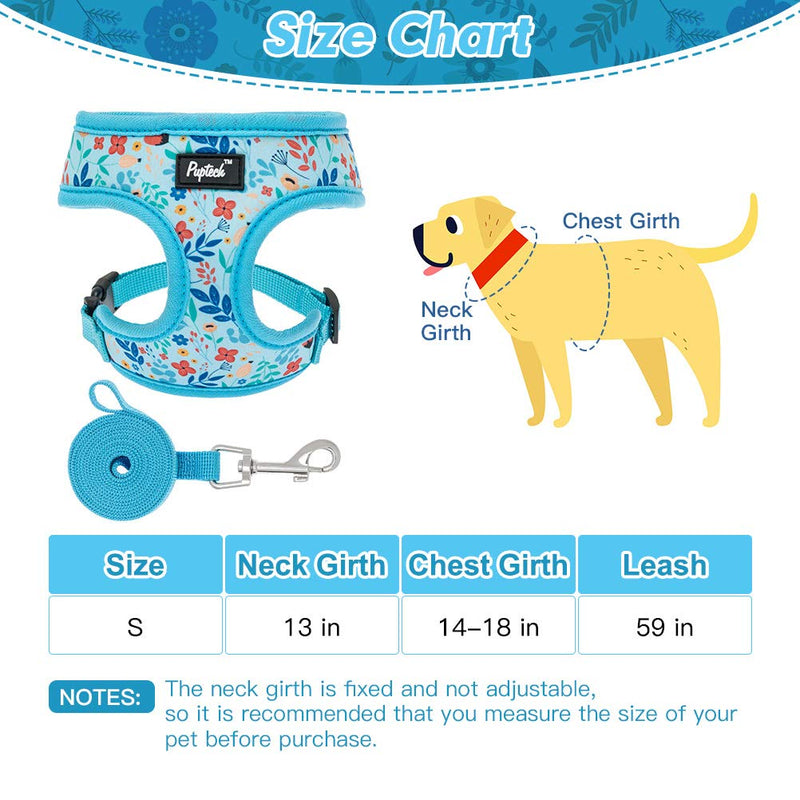 PUPTECK Breathable Dogs Harness Leash Set for Small Dogs Cats, Soft Adjustable Puppy Vest Harness No Pull with Floral Pattern S-Chest Girth: 14-18in Blue - PawsPlanet Australia