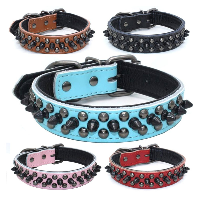 [Australia] - Dogs Kingdom 14.5"-20" Soft Genuine Leather Padded Black Mushrooms Spiked Rivet Studded Adjustable Pet Collar for Puppy Small Medium Dogs L Brown 