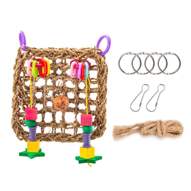 Achort Straw Braid Rope Net Hammock Ladder Bird Foraging Wall Toy with Hanging Hook, Edible Natural Straw Woven Mat 18 x 18 cm - PawsPlanet Australia