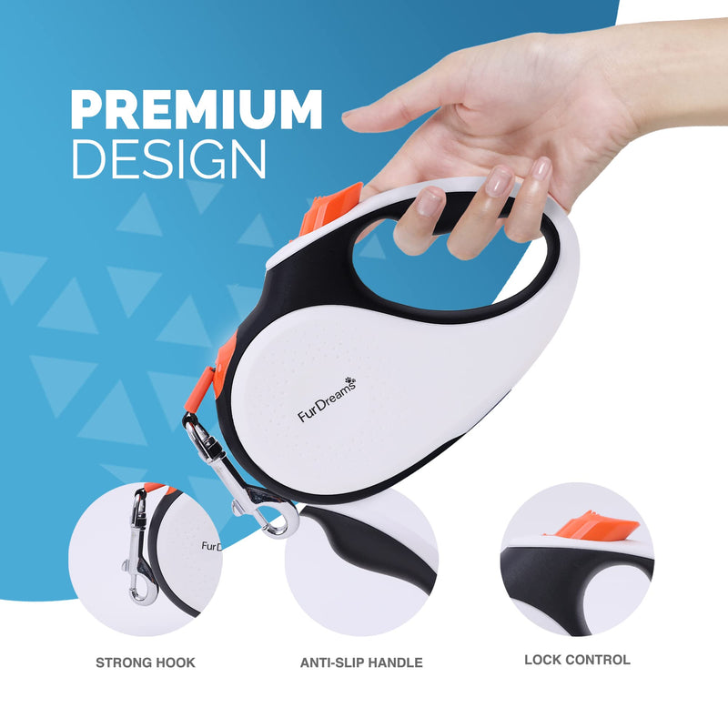 FurDreams Retractable Dog Lead - Heavy Duty Extendable (5m) Leash | Non-slip handle with lock control | Strong tangle-free nylon strap & collar hook (white/orange, medium) orange - PawsPlanet Australia