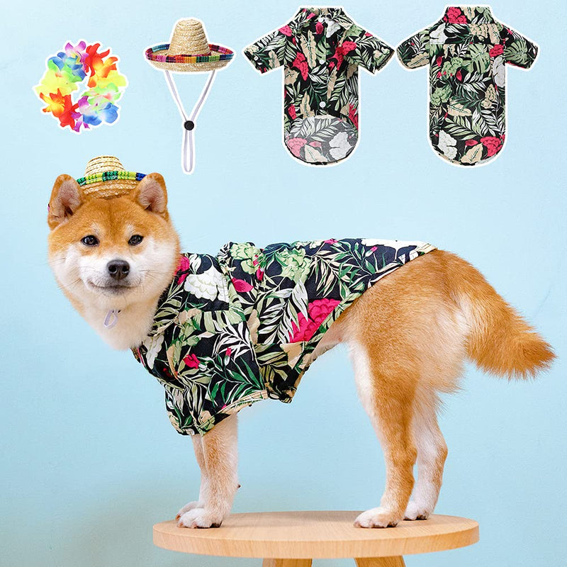 EXPAWLORER Hawaiian Dog T-Shirt Set - Summer Pet Clothes Apparel with Straw Hat and Garland for Small Medium Large Dogs Black - PawsPlanet Australia