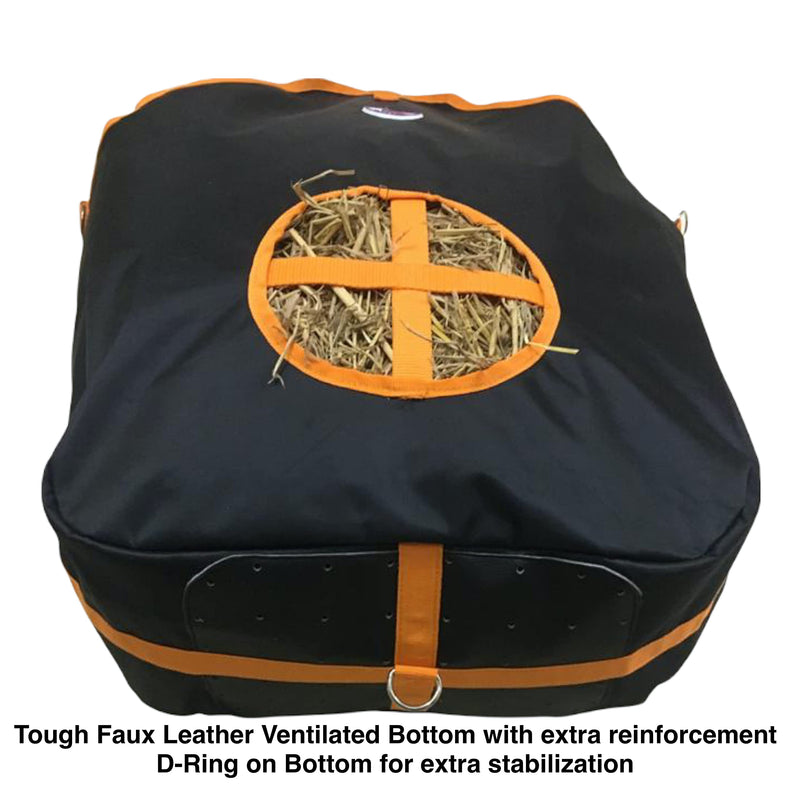 Majestic Ally Nylon Hay Feeder Tote Bag for Horse, Goat, Sheep - Double Sides Open Feed Hole with Faux Leather Ventilated Bottom- Premium Quality -Simulates Grazing - Reduces Waste BLACK - PawsPlanet Australia