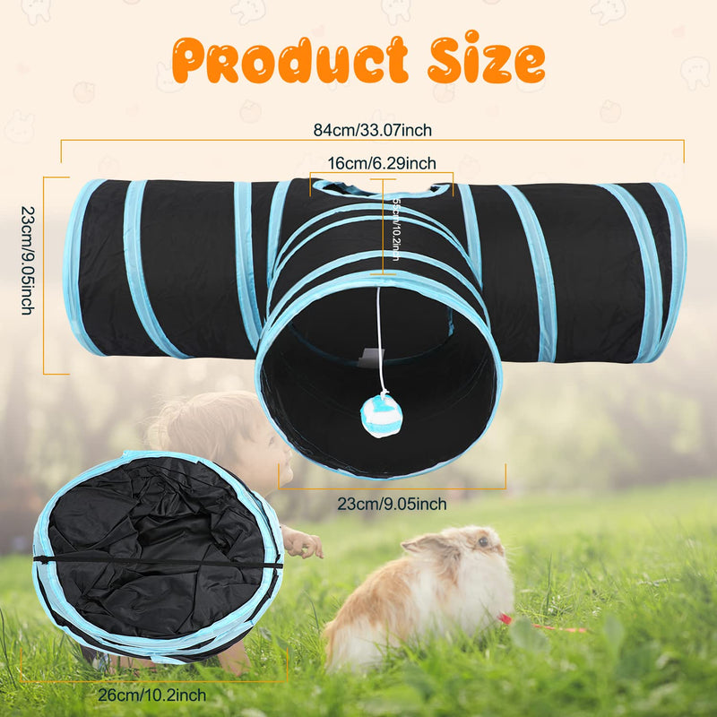 HYLYUN Rabbit Cat Tunnels & Tubes Collapsible, 3 Way Rabbit Tunnels and Hides Toys, Portable Bunny Hideout Small Animal Activity Pet Toys Tunnel for Cat Bunny Guinea Pigs Kitten + Toy Ball Blue black - PawsPlanet Australia