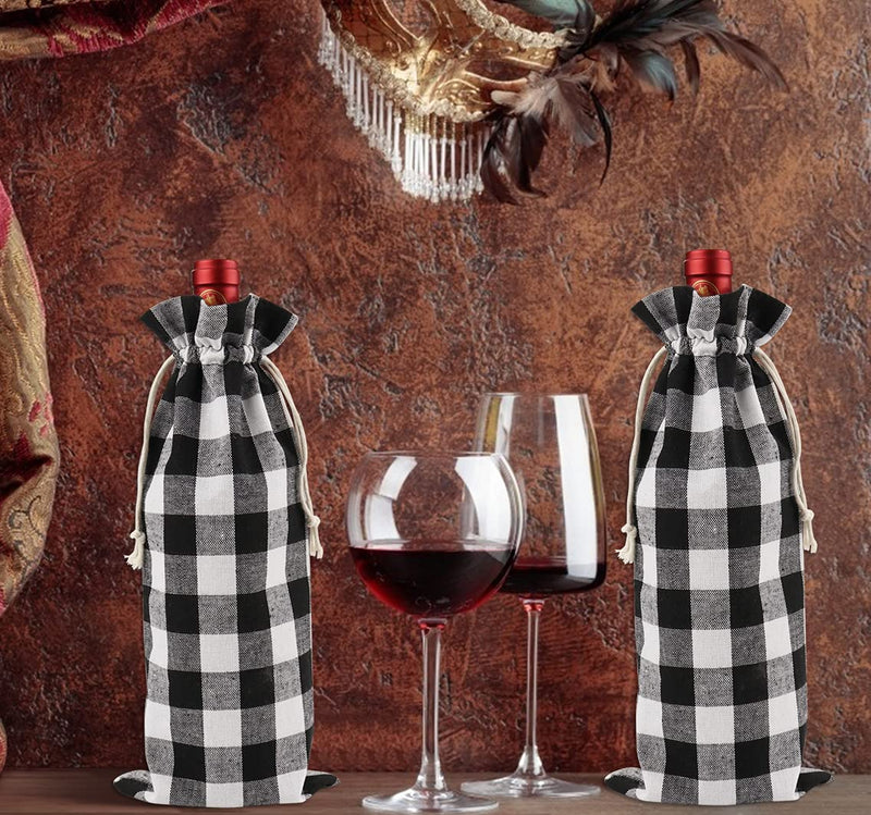14 Pcs Buffalo Plaid Wine Bottle Covers - Reusable Christmas Wine Bottle Gift Bags for Home Dinner Party Table Decoration Plaid Wine Bags Black - PawsPlanet Australia