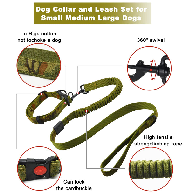 2 Pieces Dog Collar and Leash Set Adjustable Dog Collars with Safety Locking Buckle, 4 FT Heavy Duty Matching Slip Lead Dog Leash with Soft Neoprene Padded for Puppy Small Medium Large Dogs Walking Army Green and Black - PawsPlanet Australia