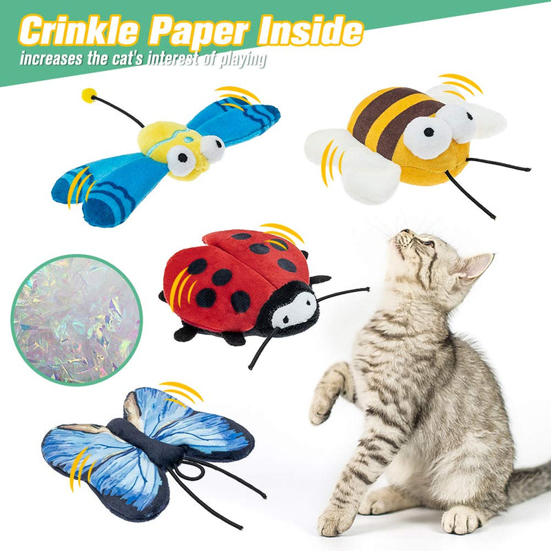 BINGPET Interactive Cat Toys for Indoor Cats - 4 Pack Butterfly, Bee, Beetle for Cat Wand Replacement, Soft Plush Cat Toy with Crinkle Paper, Dragonfly Realistic Insect for Cat Playing or Pole Refill - PawsPlanet Australia