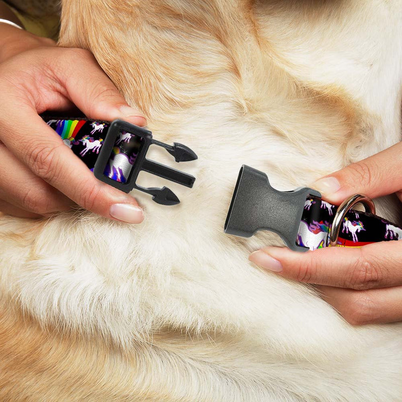 [Australia] - Buckle-Down Plastic Clip Collar - Unicorns/Rainbow Swirl Black - 1.5" Wide - Fits 18-32" Neck - Large 