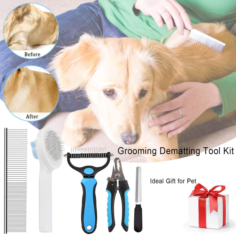 Pet Grooming Brush 5 in 1, Double Sided 9+17 Stainless Steel Undercoat Brush with Dog Comb and Claw Trimmer, Animal Hair Brush for Large, Medium, Small Dogs and Cats - PawsPlanet Australia