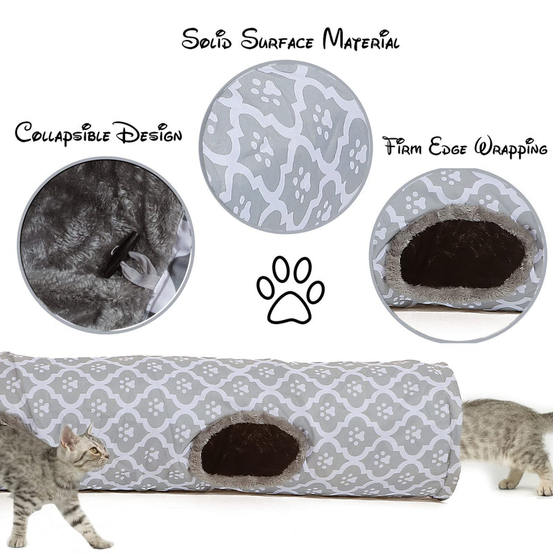 LUCKITTY Geometric Cat Tunnel with Plush Inside,Cats Toys Collapsible Tunnel Tube with Balls, for Rabbits, Kittens, Ferrets,Puppy and Dogs Grey-Paw - PawsPlanet Australia