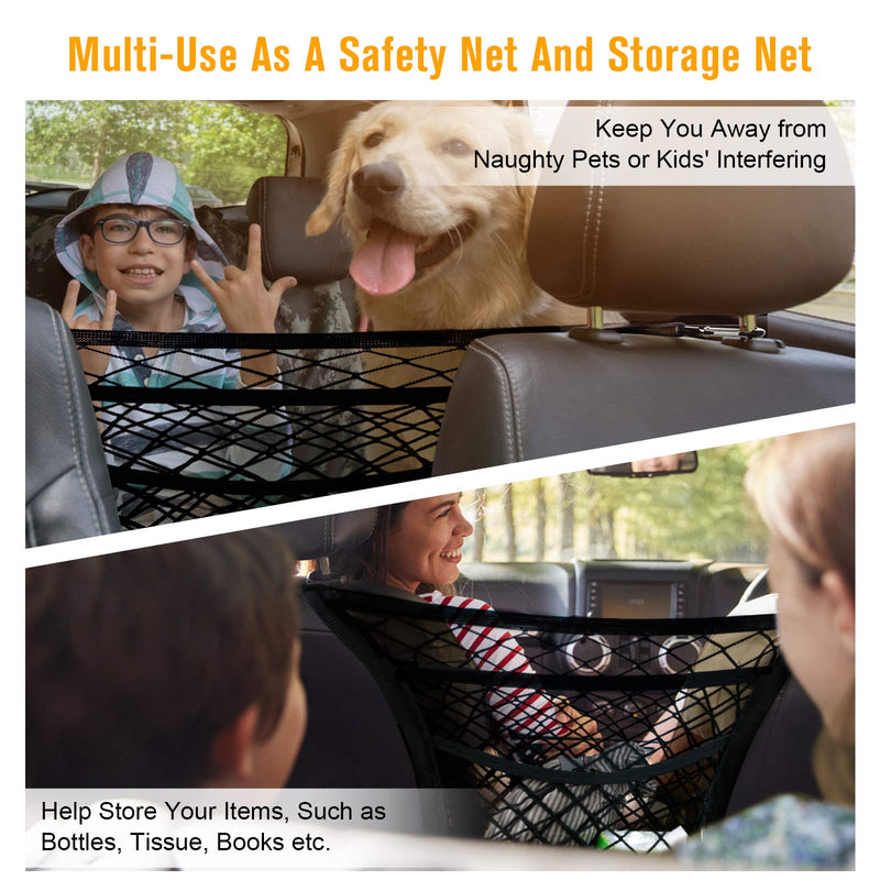 rabbitgoo Dog Car Net Barrier,13.98" × 15.55",3-Layer,Metal Hooks & Stretchable Mesh Obstacle, Back Seat Net Organizer, Design for Pet Disturb Stopper & Storage Pouch,Drive Safely with Children & Pets - PawsPlanet Australia