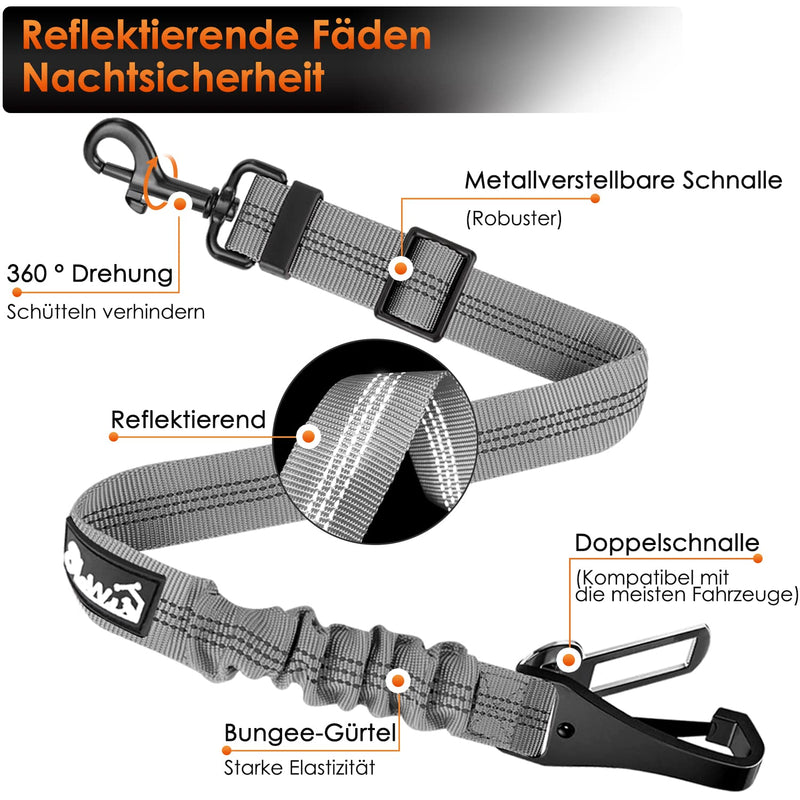 Eyein dog seat belt, 3 in 1 seat belt dog car with reflective elastic nylon bungee, dog seat belt for all dog breeds and car seats trunk, 90 cm (grey) 90 cm (62-90 cm) grey - PawsPlanet Australia