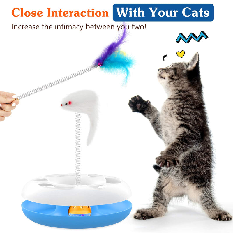 Pawaboo Interactive Cat Toys, Kitty Interactive Track Toy Spring Cat Toys with a Mouse-shaped Toy, a Feather with Bells and Rolling Ball, Cat Feather Teaser Wand Toy for Indoor Cats Kitten, Blue&Clear Blue Clear - PawsPlanet Australia