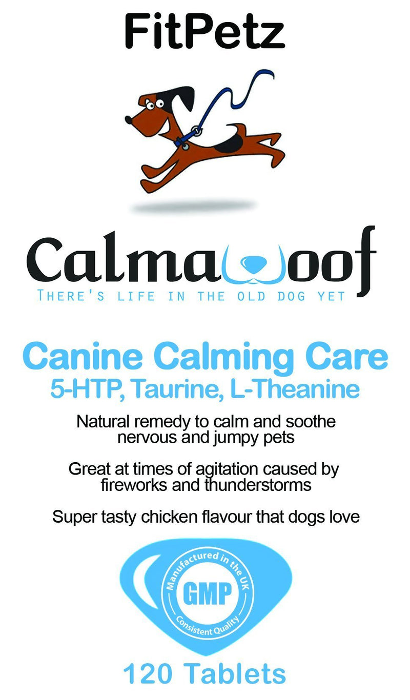 FitPetz Dog Calming & Soothing Supplements - CalmaWoof - Taurine, Inositol, 5-HTP, L-Theanine, Vit B1, Ginger Extract, Magnesium - 120 Chicken Flavoured Tablets - Taste Guarantee - UK Made - PawsPlanet Australia