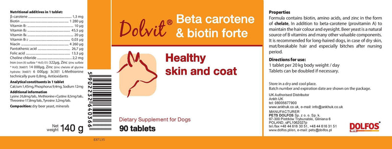 PETS Dolfos Beta Carotene & Biotin Forte 90 tablets Healthy Skin and Coat for Dogs - PawsPlanet Australia