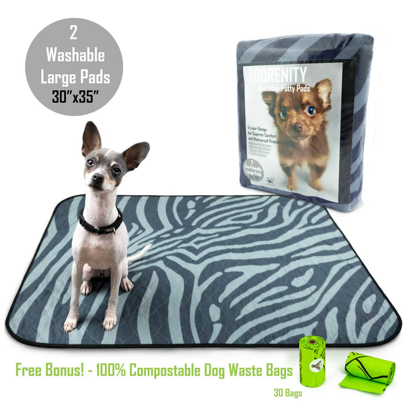 [Australia] - Zoorenity |2 Pack| Washable Pee Pads for Dogs | 10% to Charity | Waterproof and Reusable Dog Training Pads | Puppy Training Pads | Incontinence Protection for Older Dogs | Crate Liners | Dog Potty Pad 30x35 Zebra 