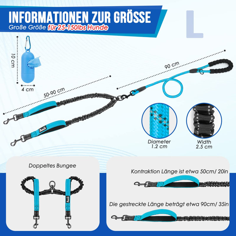 Eyein Double Leash for 2 Dogs, Dog Leash for Large Dogs, Flexible and Reflective Tangle-Free Dog Leash with 2 Padded Handles for Dogs from 11 to 68 kg (Blue) Blue Large (Total Weight 11-68 kg) - PawsPlanet Australia