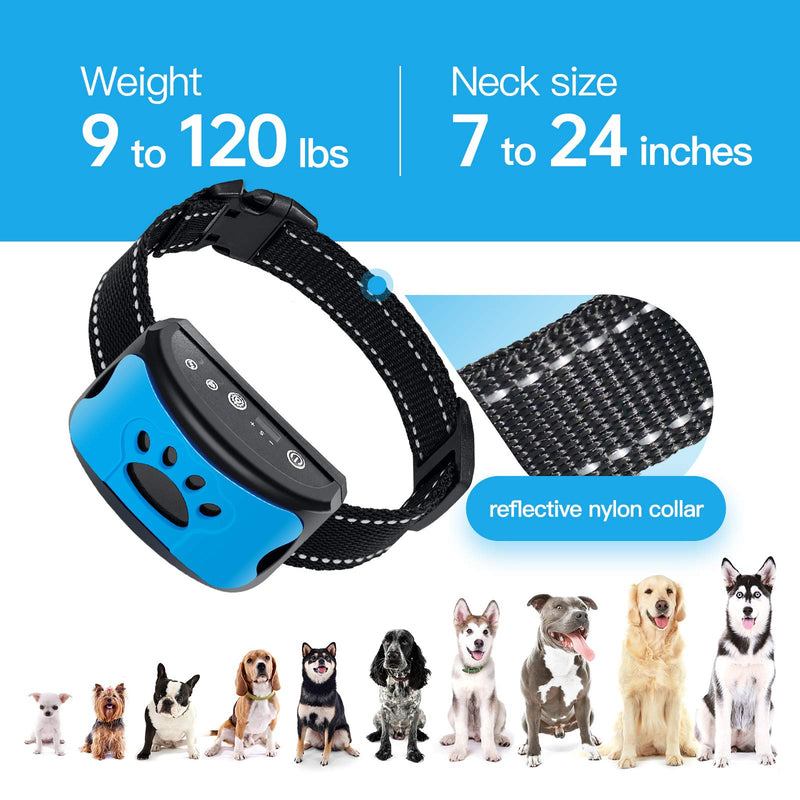 Rechargeable Dog Bark Collar, Humane No Shock Barking Collar with Beep w/2 Vibration & 7 Adjustable Sensitivity, Automatic Training Collar Suit for Small, Medium, Large Dogs Blue - PawsPlanet Australia