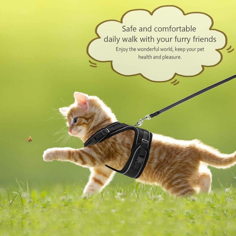 [Australia] - Angelpet Cat Harness and Leash Set for Walking Escape Proof,Kitten Harness,Super Soft Adjustable Breathable Cat Vest Harnesses with Reflective Strips&1Cat Leash,for Small Cats Ferrets XS Black 