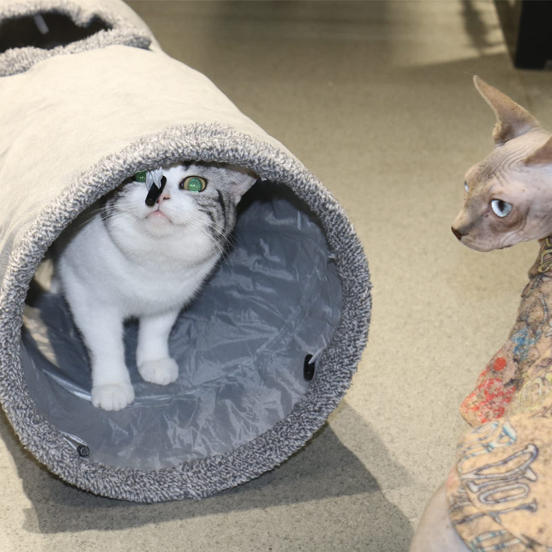 Terunat Cat Tunnel for Indoor Cats, 51×12 inch Foldable Big Cat Tunnel, Grey Suede Pet Tunnels with Two Peepholes and a Bubble Ball - PawsPlanet Australia
