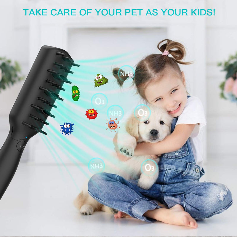 Dog and Cat Brush Pet Deodorization Grooming Comb, Professional Rabbit Dogs Cats Puppy Pets Hair Grooming Kit, Odor Eliminator Ozone Sterilization Tool for Long and Short Fur - Remove Pet Smells Black - PawsPlanet Australia
