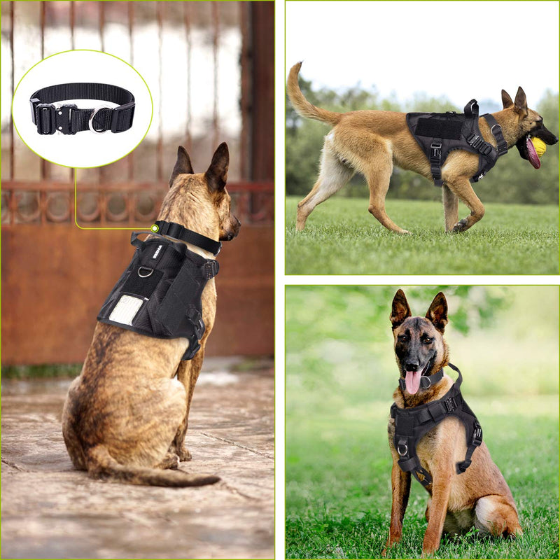 [Australia] - WINSEE Tactical Dog Harness Large with 2X Metal Buckles, Working Dog MOLLE Vest with Handle & Loop Panels, No Pull Adjustable Training Pet Harness with Leash Clips for Walking Hiking Hunting L+Collar Black 