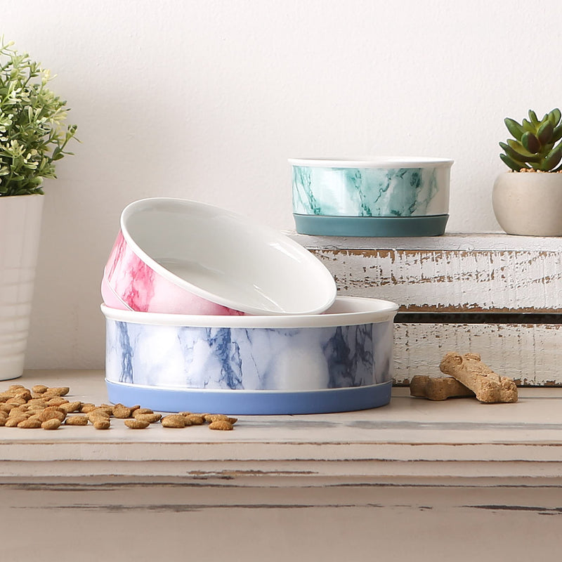 Bone Dry Pet Bowl Collection Ceramic Set, Small, Marble, 2 Count Blue - PawsPlanet Australia