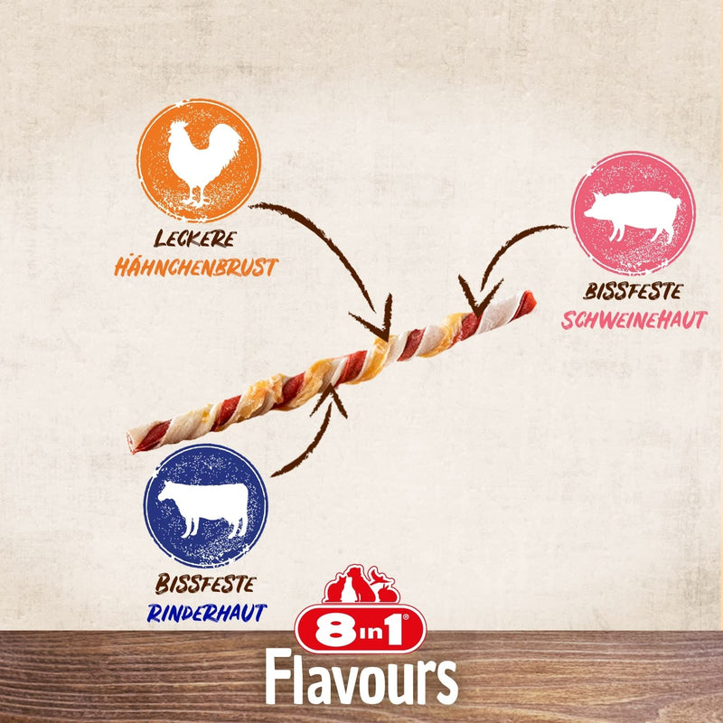 8in1 Triple Flavor Twisted Sticks - delicious chewing sticks with chicken fillet, pork and beef skin, 10 pieces (pack of 1) - PawsPlanet Australia