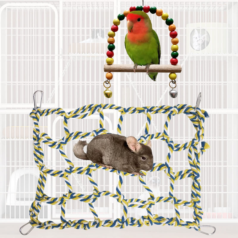 DKDDSSS 2 PCS Bird Rope Climbing Net Set, Small Animal Grid Hammock, Hanging Toy, for Bird, Parrot, Small Animal, Hamster, Squirrel (9.8 * 13.7 Inch, 4 Hooks) - PawsPlanet Australia