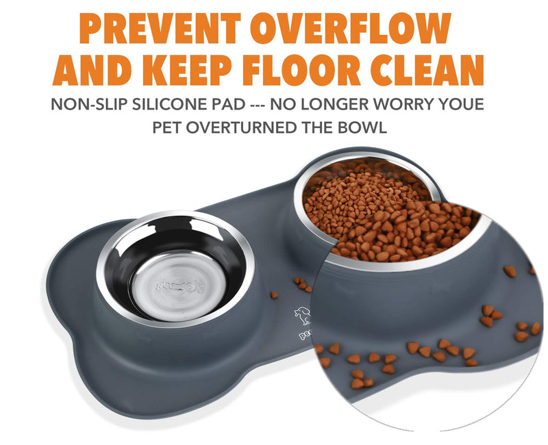 pecute Dog Bowls Non Slip, Stainless Steel Double Bowls Set with Non-Spill Silicone Mats Tray for Cats Puppies Small Dogs Water Food Feeding (14oz Each Bowl, Grey) M(400ml/bowl) - PawsPlanet Australia