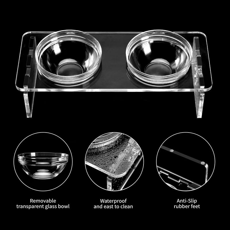 Elevated Cat Dog Bowls - Feoyoho Raised Pet Bowl Acrylic Feeder Stand with Two Removable Glass Bowls and Extra Two Stainless Steel Bowls for Small Dogs Cats,3.75 Inch small-3.75'' tall,1.5 cup bowl - PawsPlanet Australia