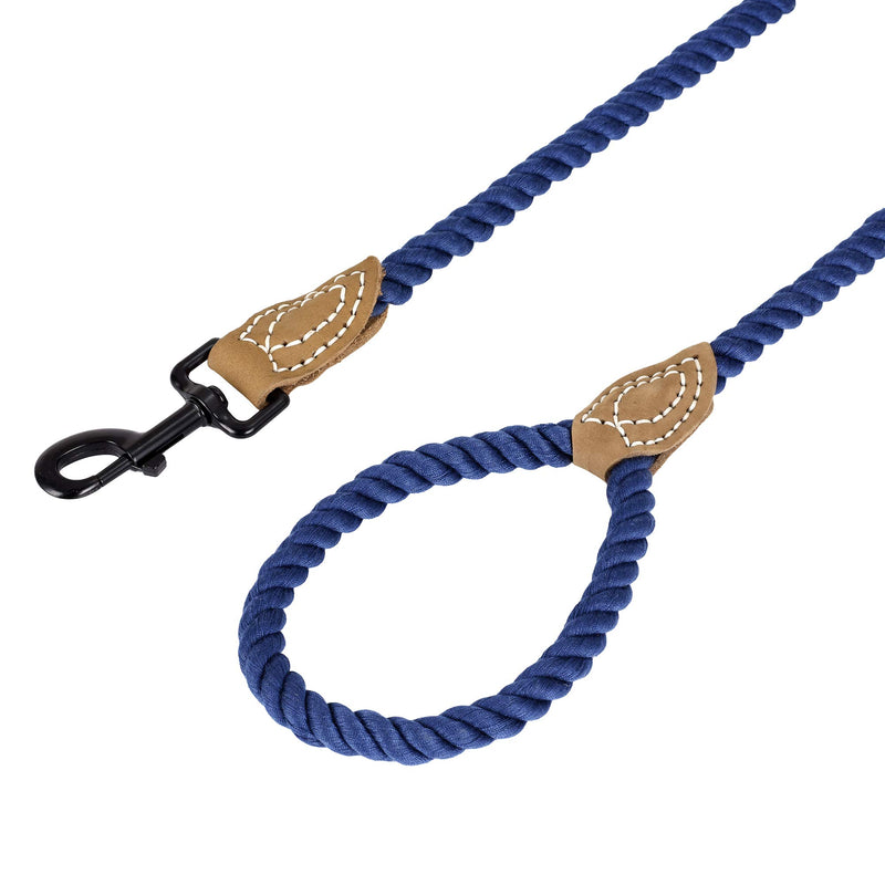 Mile High Life Braided Cotton Rope Leash with Leather Tailor Handle and Heavy Duty Metal Sturdy Clasp (4/5/6 FEET) 4 FT Blue - PawsPlanet Australia