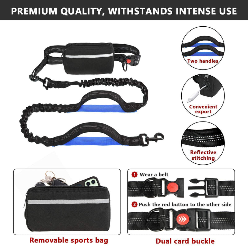 Hands Free Dog Leash, Suitable for Running Walking Jogging Hiking, Training for Small Medium and Large Dogs, Adjustable Waist Belt, Dual-Handle Reflective Bungee, Zipper Pouch, Shock Absorption. Black W Blue - PawsPlanet Australia