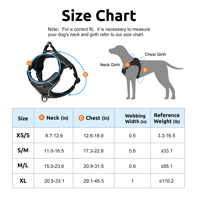 DOGNESS Reflective Dog Harness No Pull Waterproof Dog Vest Harness Adjustable Easy Walk Pet Vest Harness for Small Medium Large Dogs XS/S(Neck:8.7-12'', Chest:12.6-18.9") Black - PawsPlanet Australia