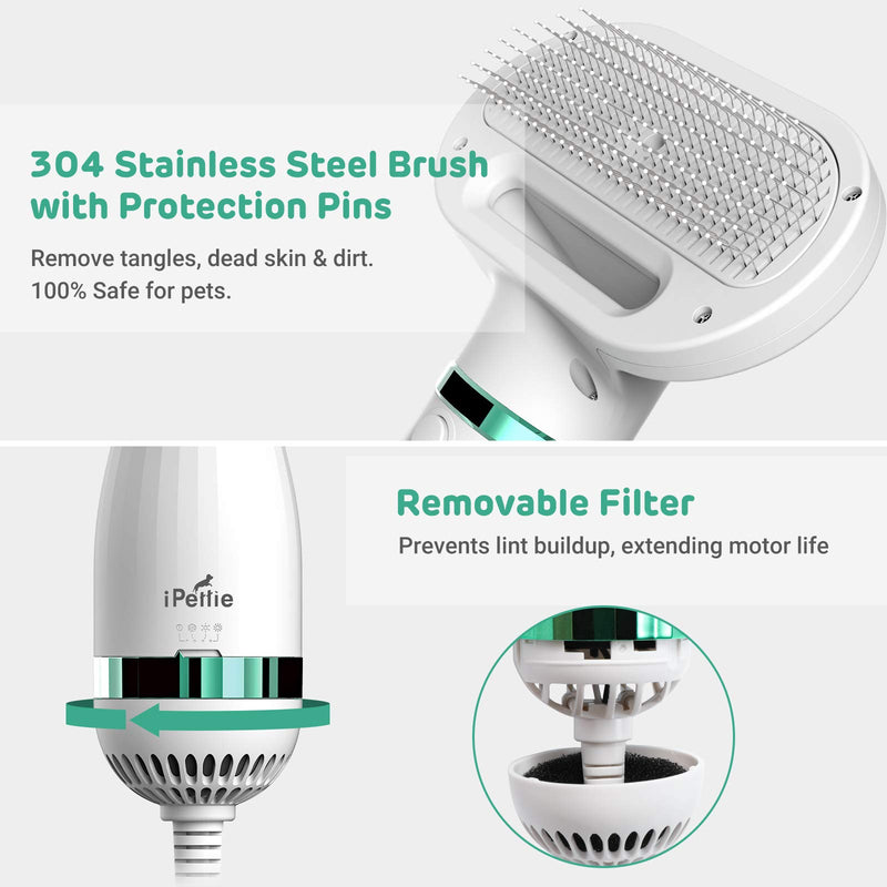 iPettie Upgraded Pet Hair Dryer with Slicker Brush, 3 Heat Settings, One-Button Hair Removal, Portable Dog Blower, Professional Home Grooming Furry Drying for Small Large Cat Dog White - PawsPlanet Australia