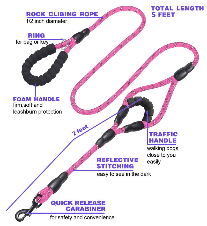 [Australia] - JSXD Dog Leash,5 FT Heavy Duty Double Handle Dog Leash with Comfortable Padded and Reflective,Rope Dog Leashes for Small,Medium,Large Dogs Rope Leash Rope-Pink 