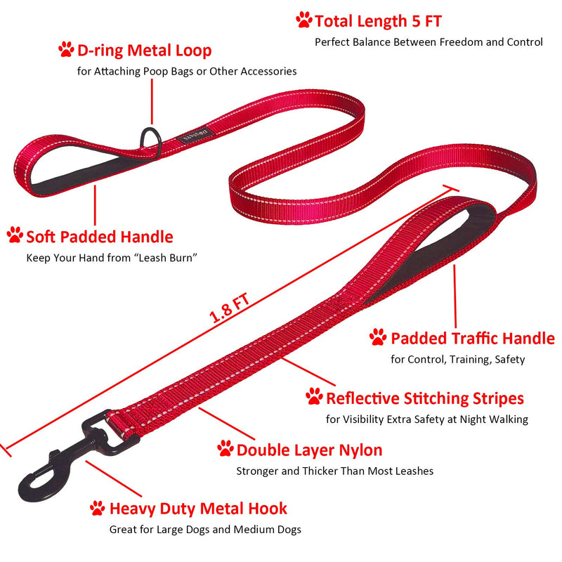 [Australia] - DOGSAYS Dog Leash 5ft Long Traffic Padded Two Handle Heavy Duty Double Handles Lead for Large Dogs or Medium Dogs Training Reflective Leashes Dual Handle 5 FT Red 