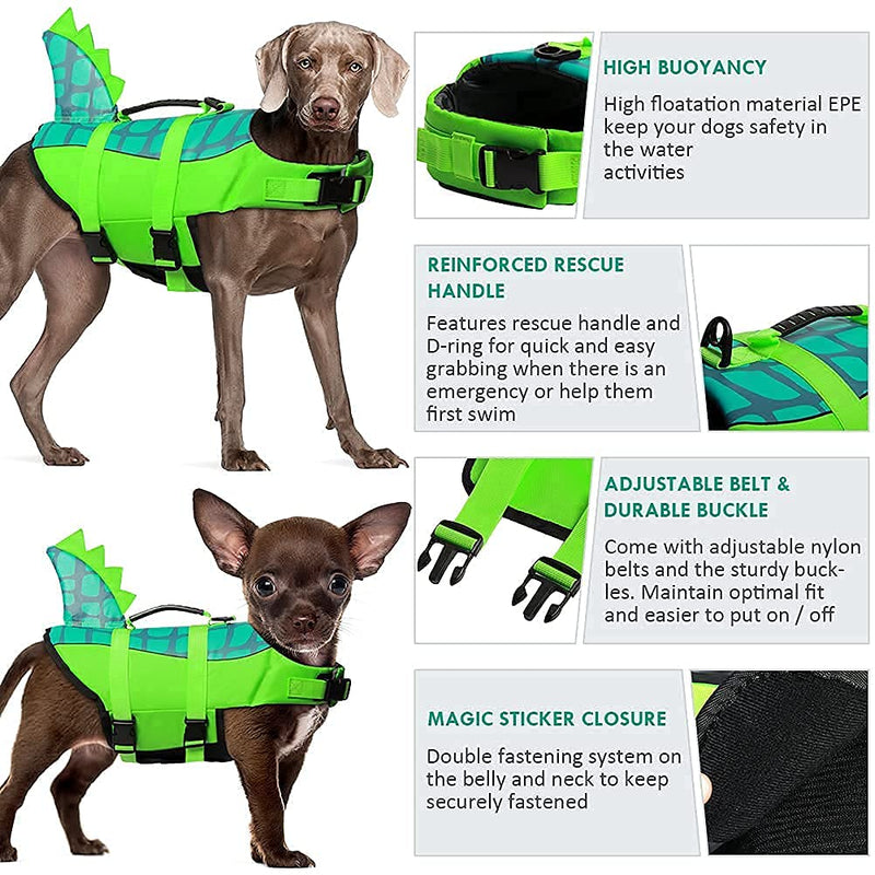 Durable Dog Life Jacket, Adjustable Ripstop Pet Safety Vest, Dog Lifesaver with Rescue Handle for Small Medium or Larger Dog, Eliminate Anxiety/Tension, Enhanced Buoyancy, Swimming, Green Dinosaur S Green Dinosaurs - PawsPlanet Australia