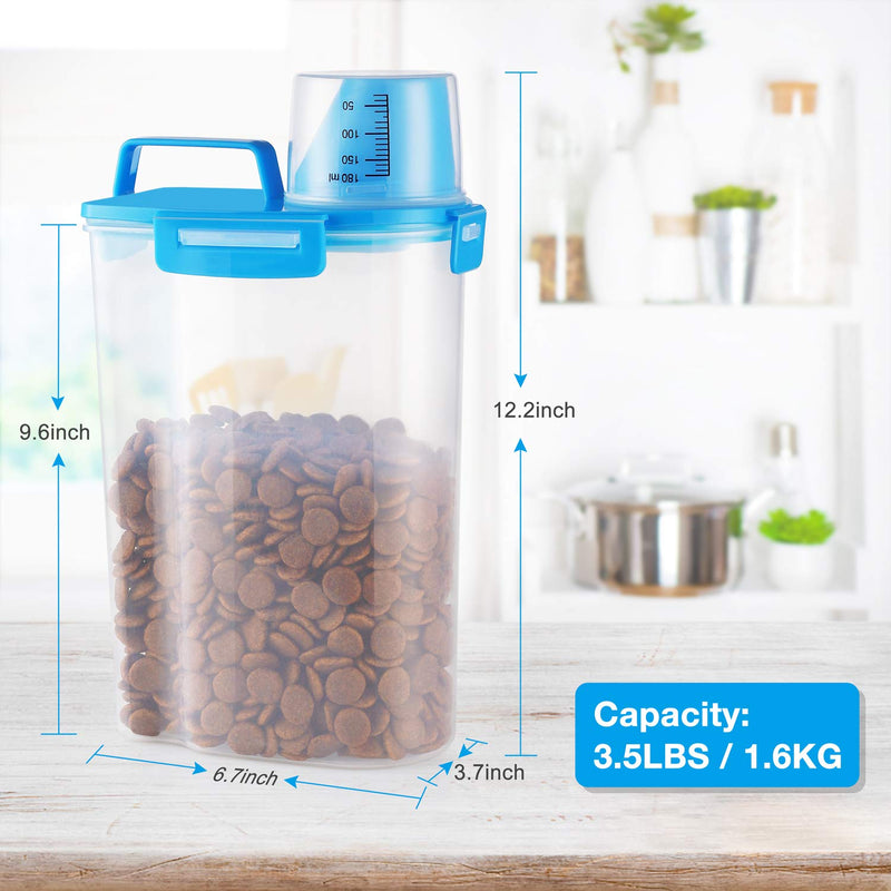 Yicostar Pet Food Storage Container, Airtight Small Dog Food Container Cat Food Container with Measuring Cup, Upgraded Large Pour Spout and 4 Seal Buckles Food Dispenser for Pets Food and Birds Seed Blue - PawsPlanet Australia