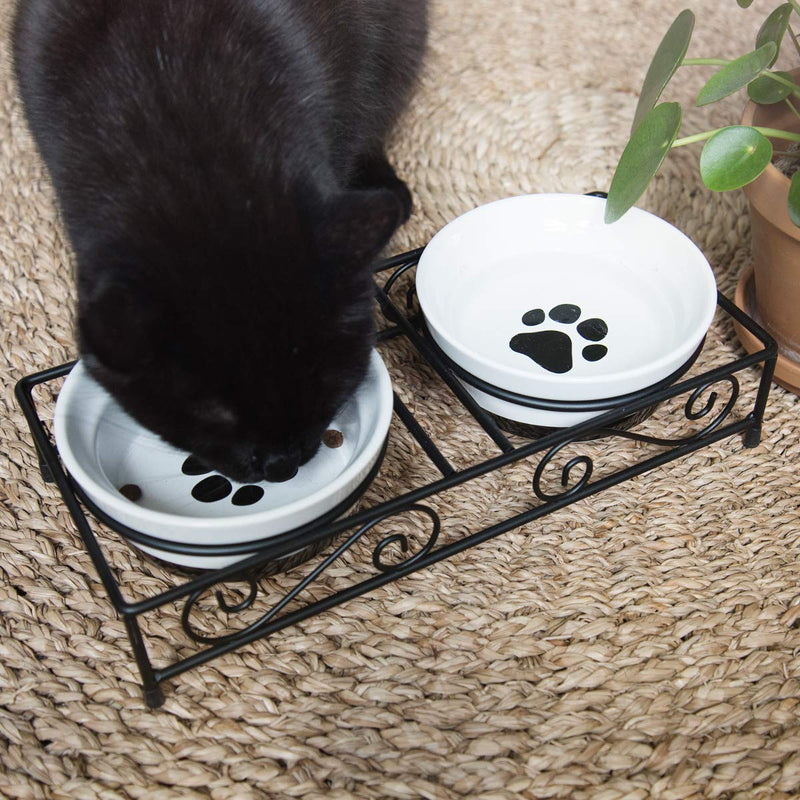 Navaris Ceramic Pet Bowl Set - Double Food Water Bowls for Cats, Small Dogs and Puppies with Non-Slip Retro Metal Stand - Set of 2 Bowls, 320ml Each - PawsPlanet Australia