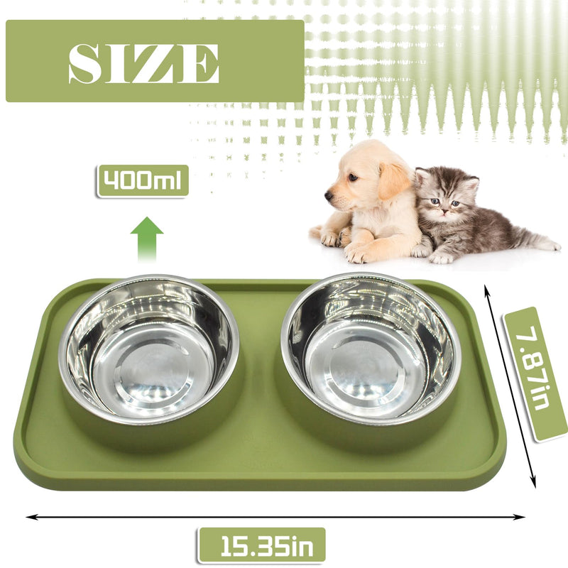 MUYG Double Dog Food Bowls Stainless Steel with No Spill Non Skid Silicone Mat Removable Dog Water and Food Bowls Set Durable Feeding Bowls for Small Dogs Puppy Cat Kitten(Green) - PawsPlanet Australia