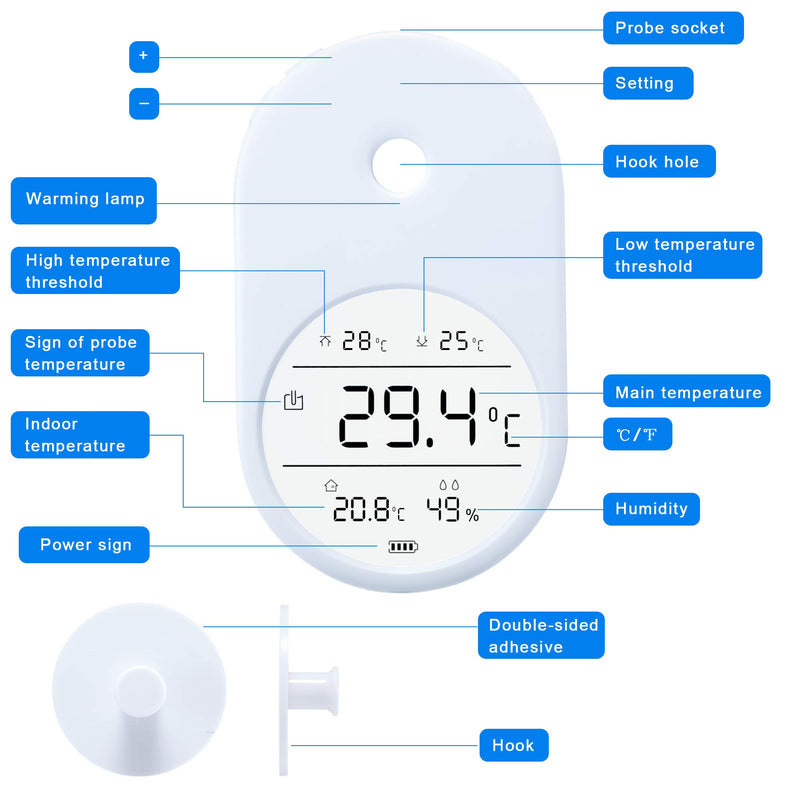 Aquarium Thermometer with Alarm,Fish Tank Thermometer with Large Clear Screen,Reptile Thermometer with Probe and LCD Digital,Thermometer Hygrometer Stick on Tank for Reptile,Turtle,Salt & Freshwater - PawsPlanet Australia