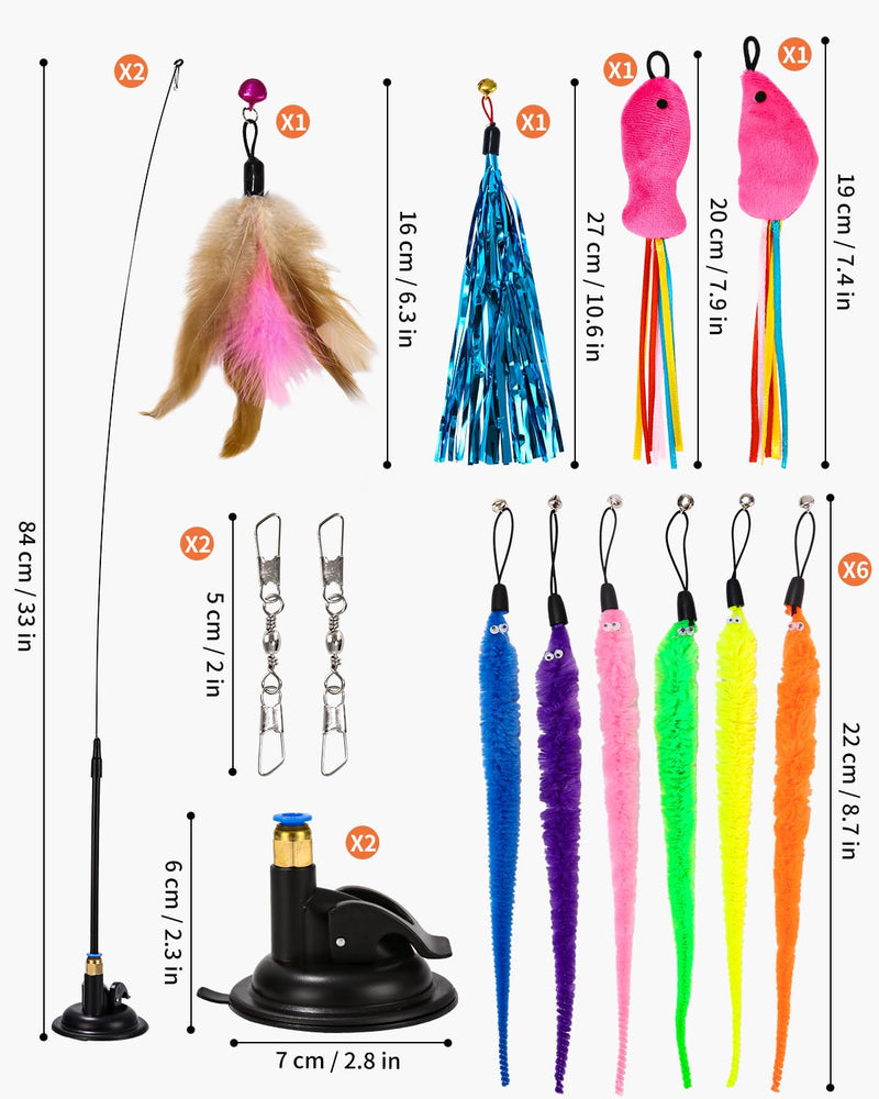 LEAZZLE cat toy, 16 pieces cat toy with feathers, cat toy with 2 retractable interactive cat fishing rods and 14 pieces feather/bug/mouse replacement with bells - PawsPlanet Australia