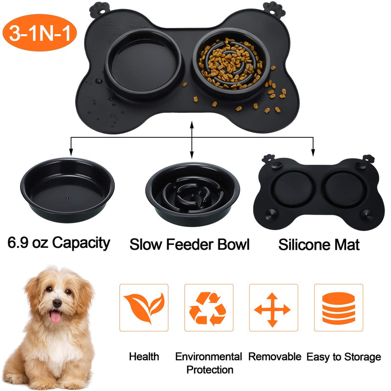 Double Pet Dog Slow Feeder Bowl Bloat Stop Pet Bowl Anti-Choking Puppy Food and Water Feeder with Non-Skid Silicone Mat Plastic Water Bowl for Dogs Cats Pets (Black) Small Black - PawsPlanet Australia