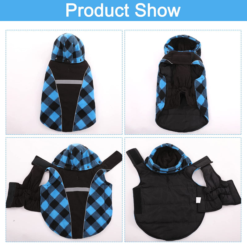 Dog Coat Extra Warm Dog Cold Weather Jacket, British Plaid Dog Winter Coat/Vest/Apparel/Hoodie/Clothes with Detachable Hood, Reflective Pet Outwear Thickened Dog Coat for Small Medium Large Dogs X-Small Blue - PawsPlanet Australia