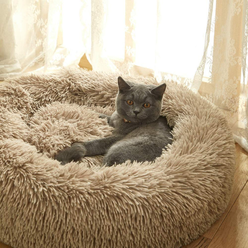 FlySheep Plush Donut Cat Cushion Bed, Indoor Ultra Soft Faux Fur Dog Bed Warm for Winter, Self Warming Shaggy Fluffy Round Cuddler - Machine Washable, No-Slip Bottom (Brown, 15.8" Round) Brown - PawsPlanet Australia