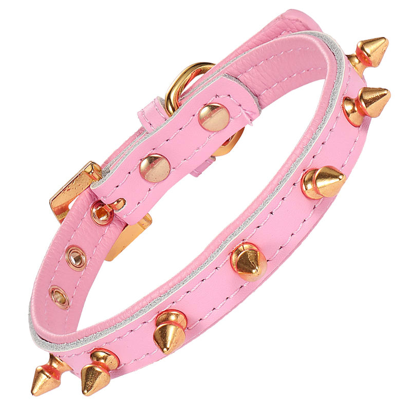 LOVPE Dog Collar/Cat Collar Golden Spiked Studded Double layer Leather Pet Collars with Golden Rhinestone Buckle for Puppy Cats Small Medium Dogs (S, Pink) S - PawsPlanet Australia