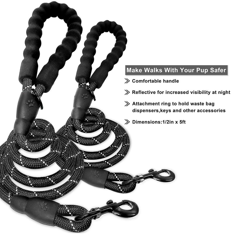 BARKBAY 2 Pack Dog leashes for Large Dogs Rope Leash Heavy Duty Dog Leash with Comfortable Padded Handle and Highly Reflective Threads 5 FT for Small Medium Large Dogs(Black+Black) 5 Feet Black+Black - PawsPlanet Australia