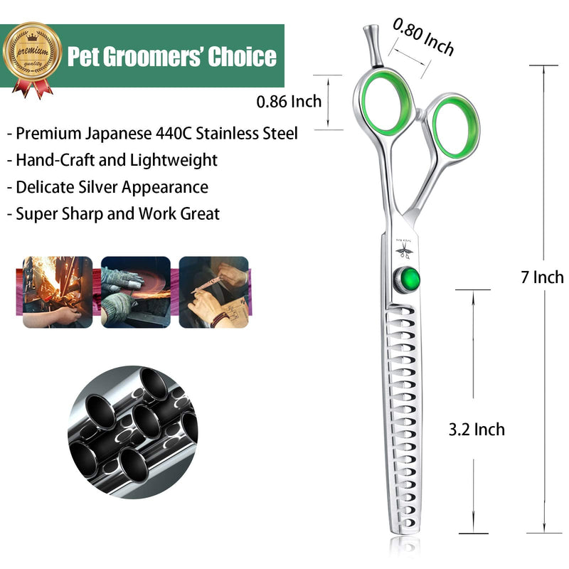 PURPLEBIRD 7 Inch Straight Dog Grooming Scissors Professional Pet Chunker Shears Safety Noiseless Blunt Tip Trimming Shearing for Dogs Cats Japanese Stainless Steel Silver PS04-GreenScrewChunker - PawsPlanet Australia